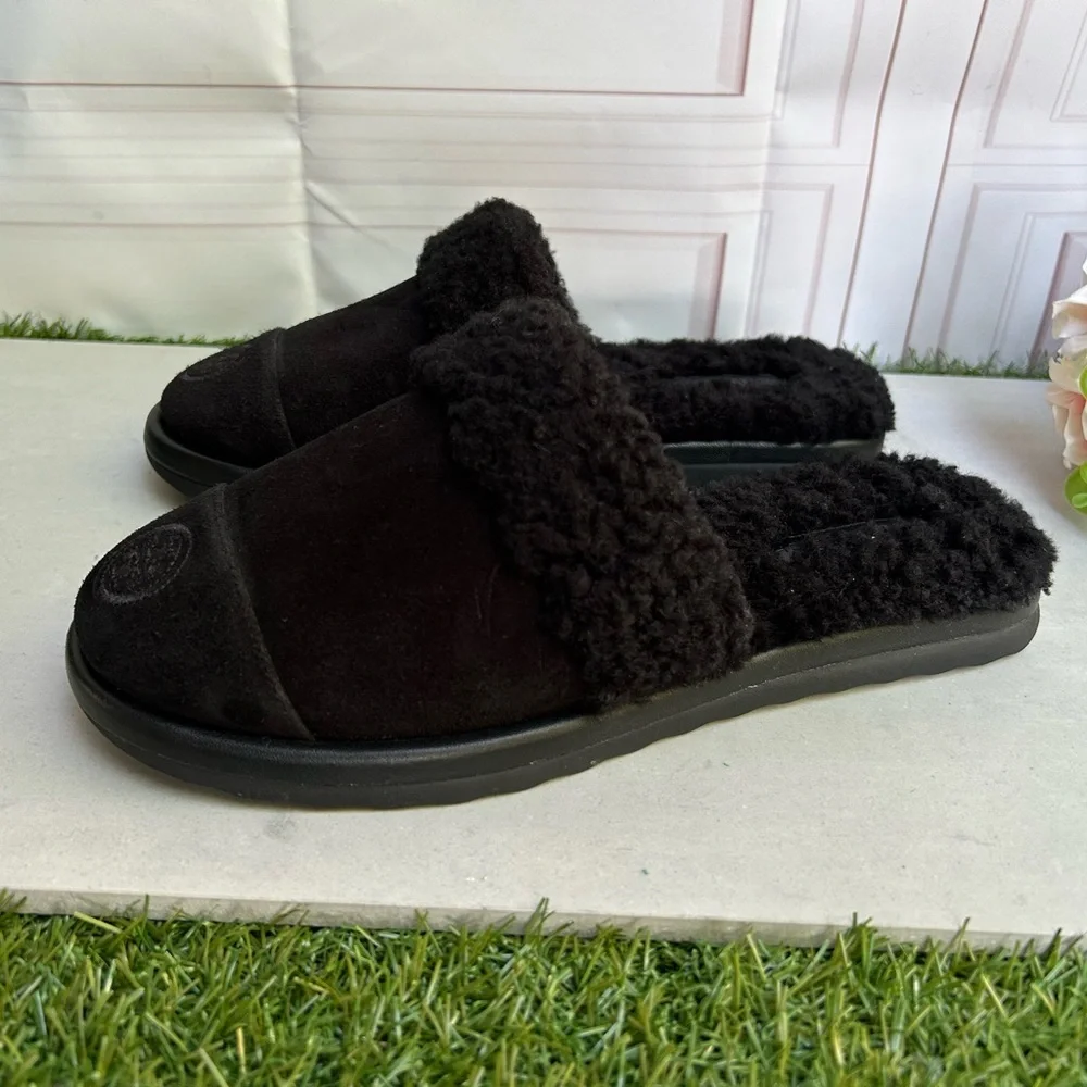 Tory Burch SLIPPER Women's Black Suede & Shearling Slides size 6.5 New